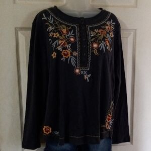 Frazzle Floral Embroidered Long Sleeve Top 100% Cotton Top SZ.L